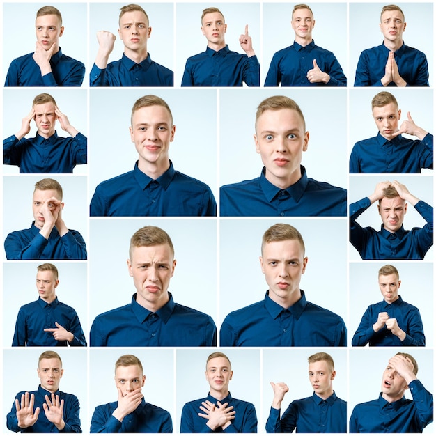 Photo set of young mans portraits with different emotions and gestures
