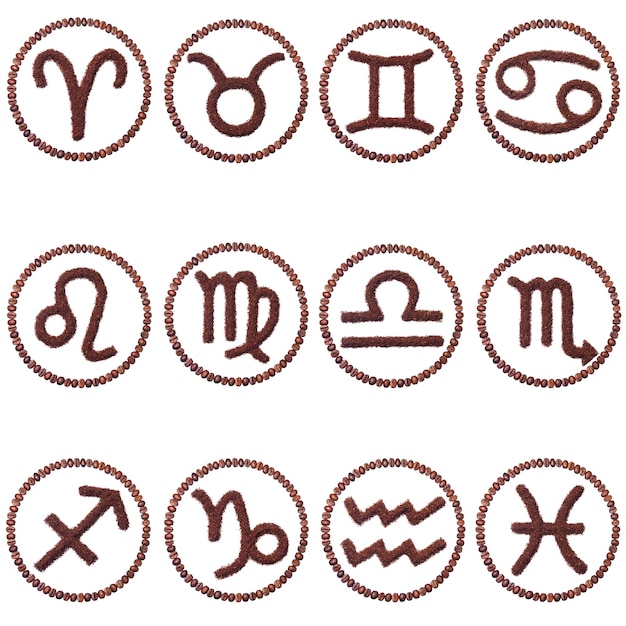 set of zodiac signs of ground coffee and coffee beans isolated on white background
