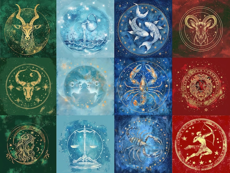 Photo set of zodiac signs symbols by elements astrology