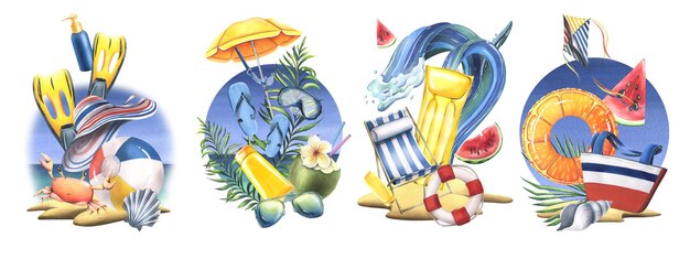 Set zomer illustraties aquarel hand getekend met strandstoelen parasols opblaasbaar speelgoed palmtakken fruit en snorkeluitrusting Geïsoleerde objecten op een witte achtergrond