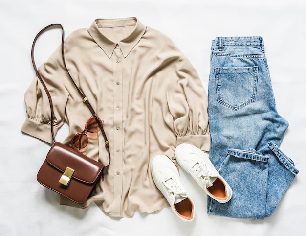 Set zomer lentekleding voor dames een losse comfortabele viscose blouse mama's jeans een tas en sneakers op een lichte achtergrond