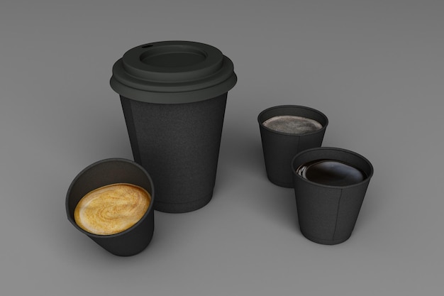 Foto set zwarte koffiekopjes op grijze achtergrond 3d-weergave
