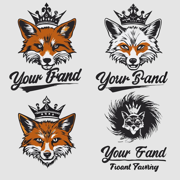Foto setkop vos met kroon of hoed en zonnebril logo met de hand tekenen