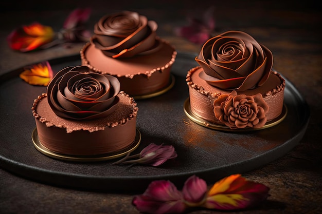 Sets of delicious mousse cakes with chocolate cream in form of roses created with generative ai