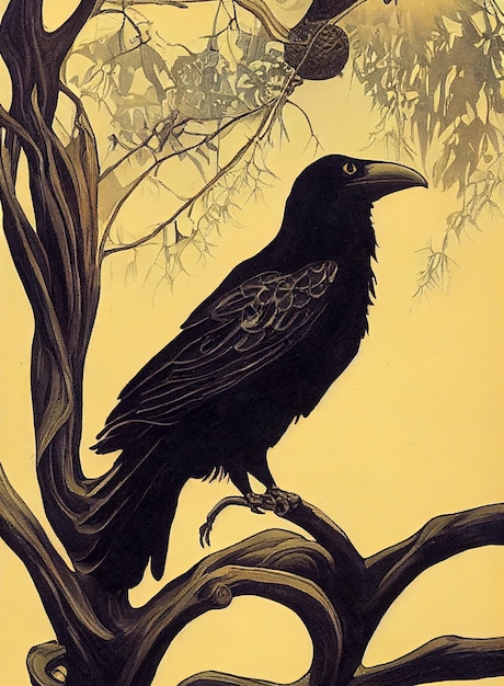 달 배경에 검은 까마귀 설정 나무와 까마귀의 실루엣 나무에 까마귀 손으로 그리기 아르누보 스타일의 디지털 아트 그림