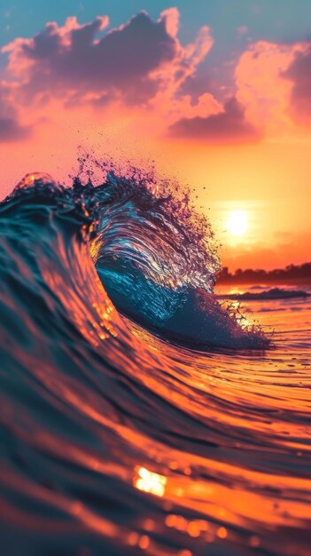 Photo setting sun casting warm glow over ocean wave