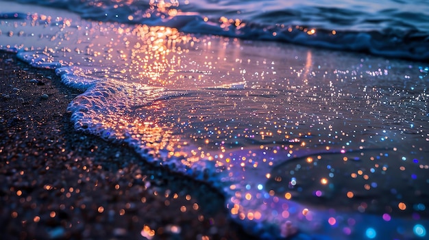 The setting sun casts a golden glow on the gently rippling waves creating a mesmerizing display of sparkling light