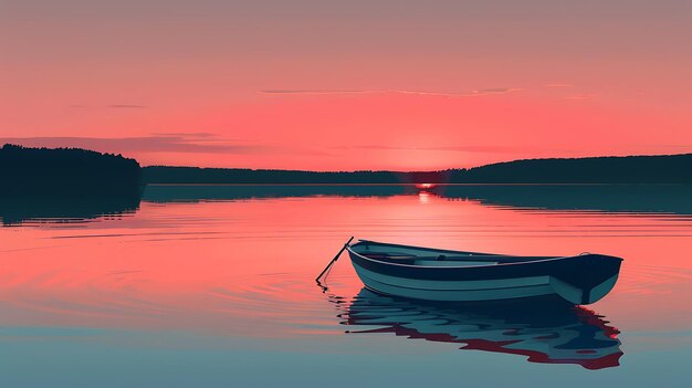 The setting sun casts a pink glow on the lake A lone boat sits on the still water its reflection shimmering in the light