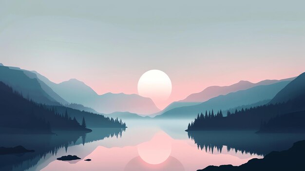 沈む太陽は湖と山にピンクと紫の光を放つ 静かな水は空の木と山を反映する