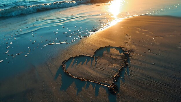 The setting sun casts a warm glow over the beach and the waves lap gently at the shore A heartshaped shadow is drawn in the sand