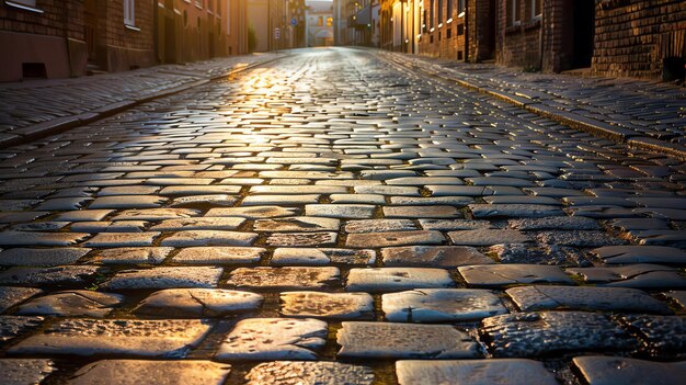 Photo the setting sun casts a warm glow on the cobblestone street creating a beautiful and peaceful scene