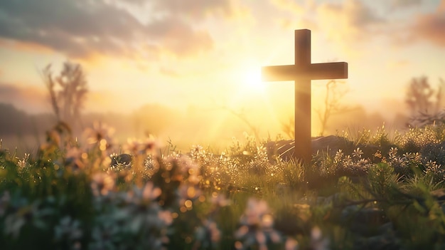The setting sun casts a warm glow over a peaceful field of flowers with a wooden cross standing tall in the foreground