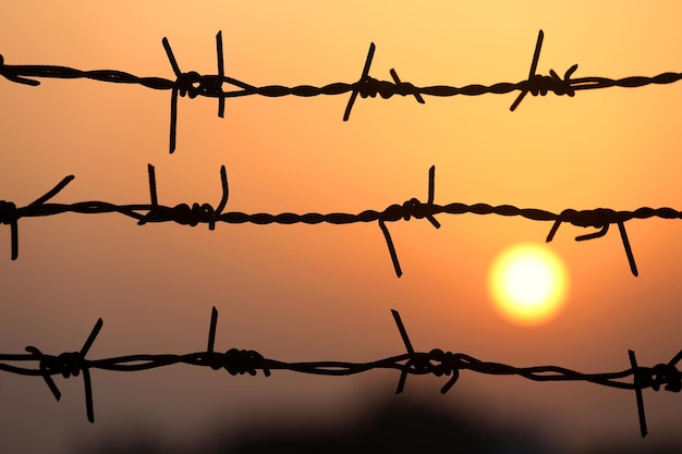 Setting sun behind a fence of barbed wire