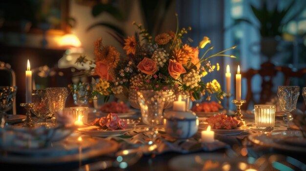 Setting the table floral decoration and candles