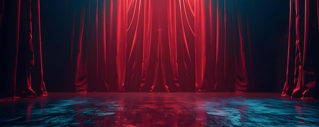 Фото Настройка сцены драматическая красная театральная занавеска для классического спектакля концепция театрального дизайна красная занавес классическое драматическое представление