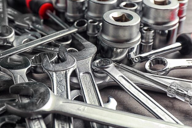 Setting of tools for car repair, closeup