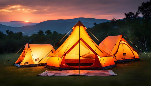 Photo setting up camp seat and setting up camp tent at dusk