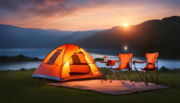 Photo setting up camp seat and setting up camp tent at dusk