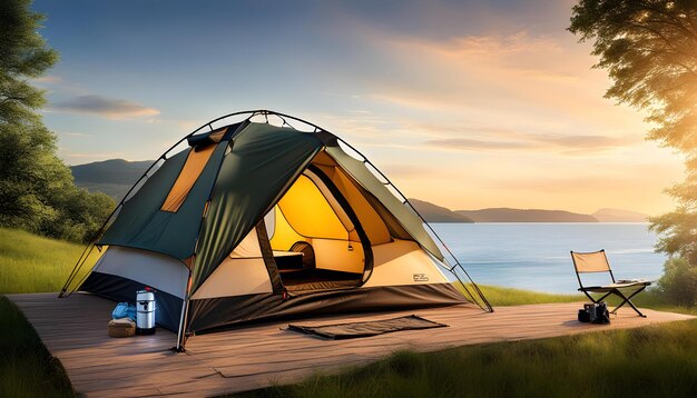 Setting up camp seat and setting up camp tent at dusk