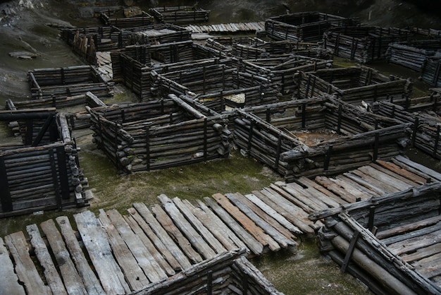 Settlement of ancient Eastern Europeans of the 12th century, 13th century, a house made of wooden beams.