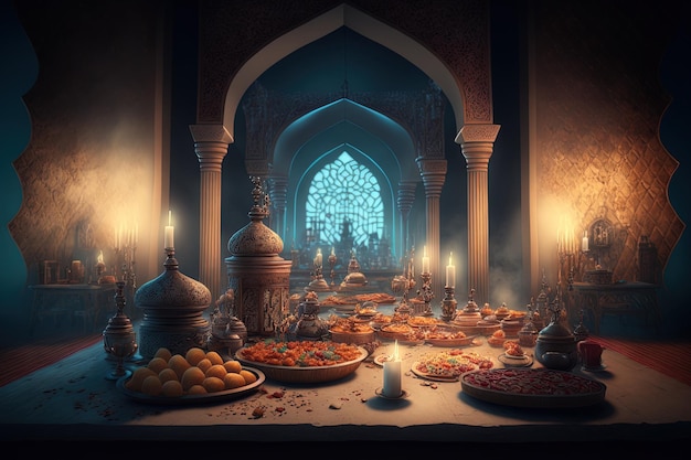 Setup of the iftar buffet during Ramadan