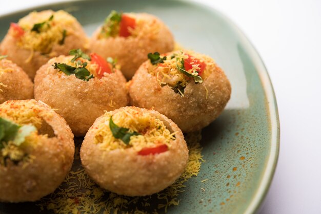 sev puri - indian snack and a type of chaat. popular in mumbai pune from maharashtra. it's a roadside food also served as a starter in restaurants