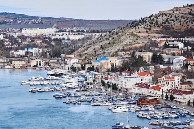 Sevastopol, Crimea - February 02, 2021: winter view of the harbor in Balaklava Bay