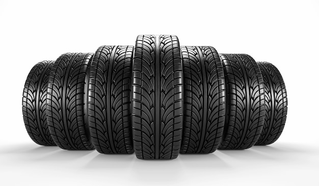 Photo seven car tire on white background. 3d rendering