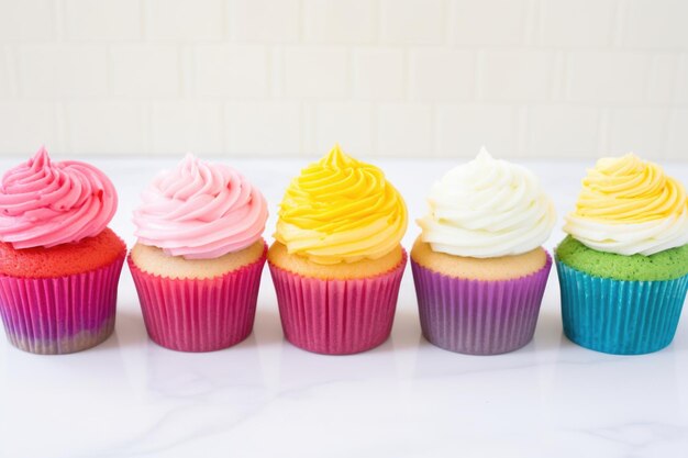 Seven cupcakes arranged in a rainbow colors