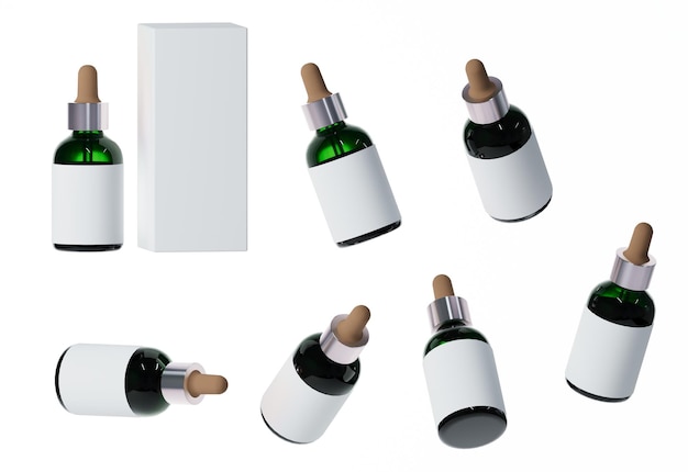 Seven different views of glossy green glass serum bottle with label 3D render cosmetic product packaging isolated on white background