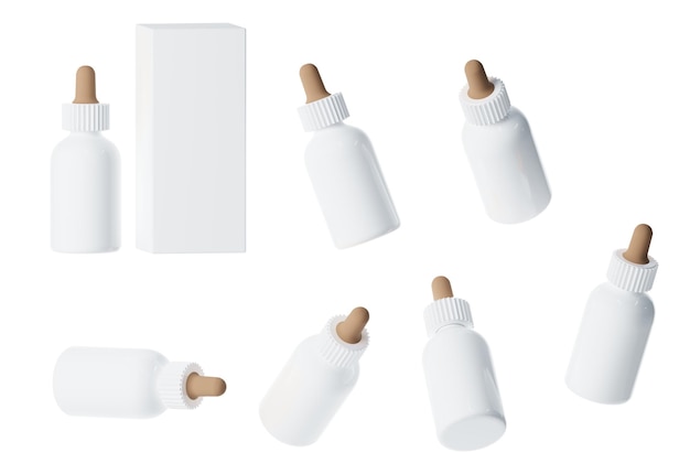 Seven different views of glossy white plastic serum bottle with cap 3D render cosmetic product packaging isolated on white background