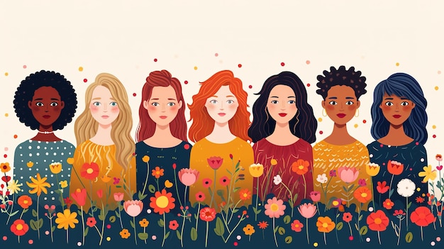 Foto seven diverse women stand together in a field of flowers international womens day