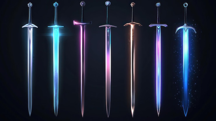 Photo seven glowing fantasy swords with different colored lights
