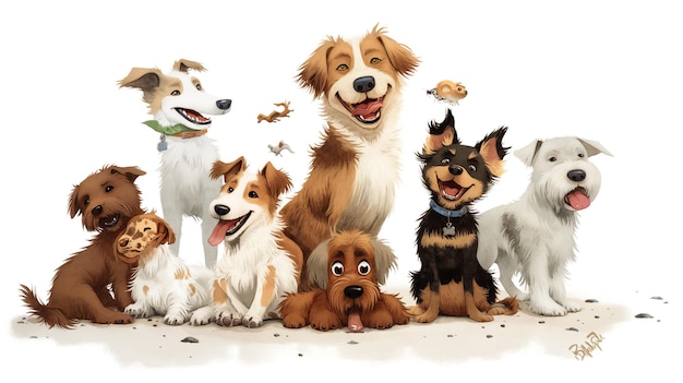 Seven happy cartoon dogs of various breeds posing together with playful expressions