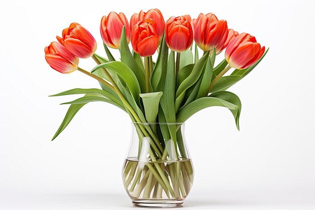 Seven red orange freshly cut tulips in a clear glass vase filled with water isolated over white