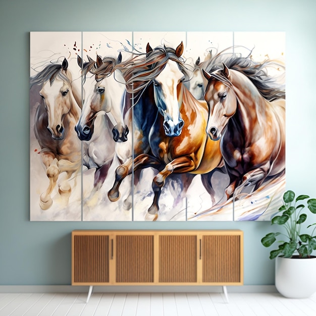 Семь белых лошадей, изображенные на картине с генеративным искусственным интеллектом