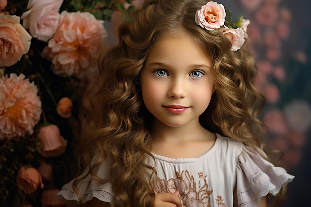 村の家の内側に美しい花束を飾ったシンプルな軽いドレスを着た7歳の女の子