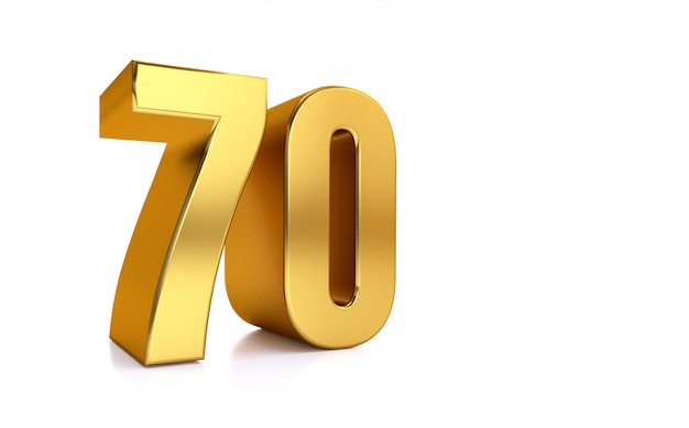 seventy, 3d illustration golden number 70 on white background and copy space on right hand side for text, Best for anniversary, birthday, new year celebration.