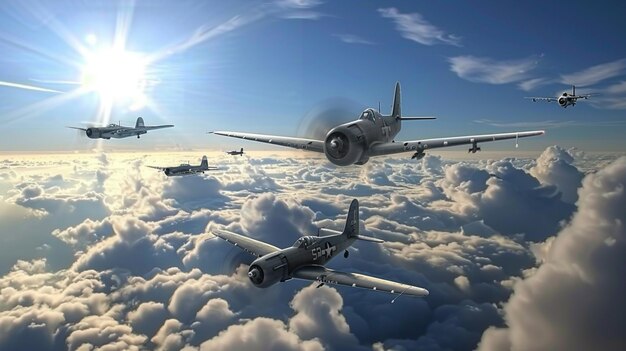 Фото Несколько самолетов, летящих в небе со светящимся солнцем