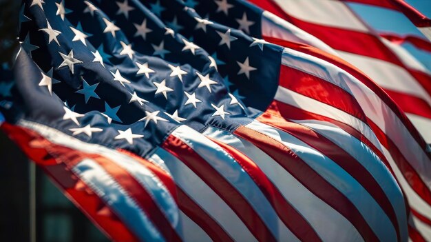 Several American Flags Blowing in the Wind