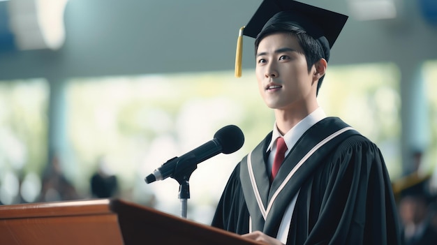 Several Asian university students are giving speeches The visuals are incredibly