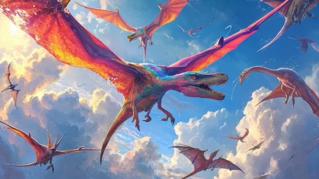 Several baby pterodactyls chasing each other around the sky their colorful wings and long beaks