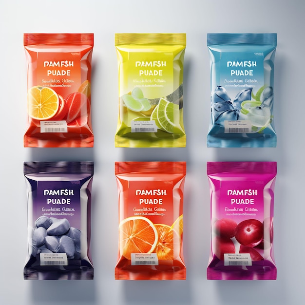 several bags of fruit juice are lined up on a gray background.