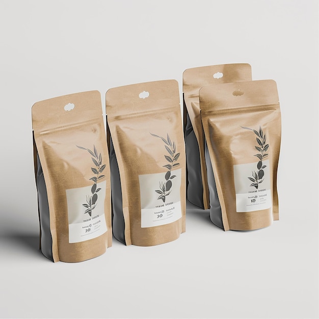 several bags of herbs are lined up on a white background