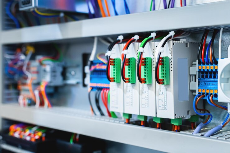 Photo several batch switches in an electrical control cabinet on a production line surrounded by inverters