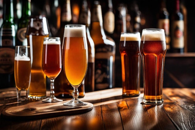 several beers are lined up on a wooden table including one that has the number 3 on it