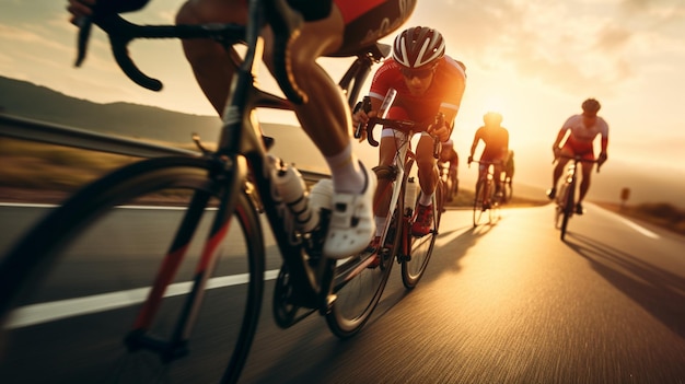 Foto diversi ciclisti che pedalano su una strada al tramonto ai generativi