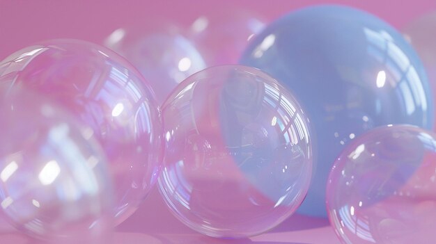 several blue glass balls are lined up on a pink background