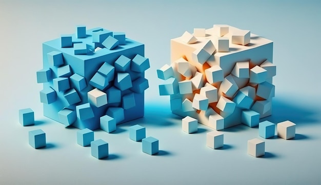 Several blue and white cubes on a white background