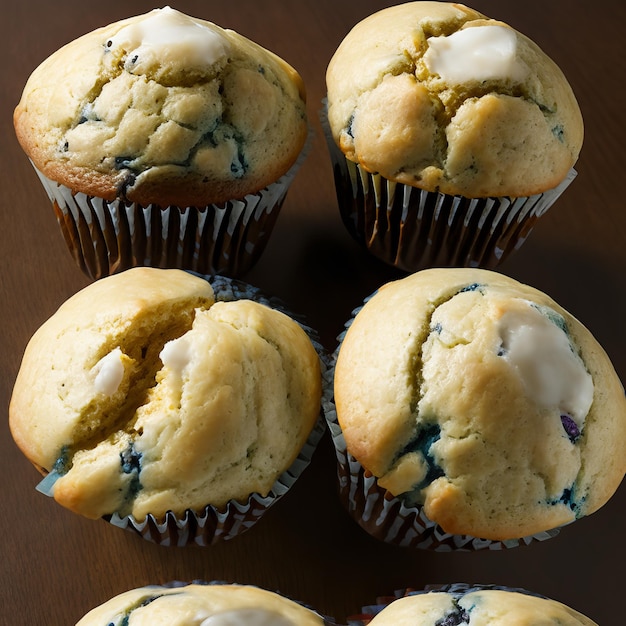 Several blueberry muffins with a glaze on them